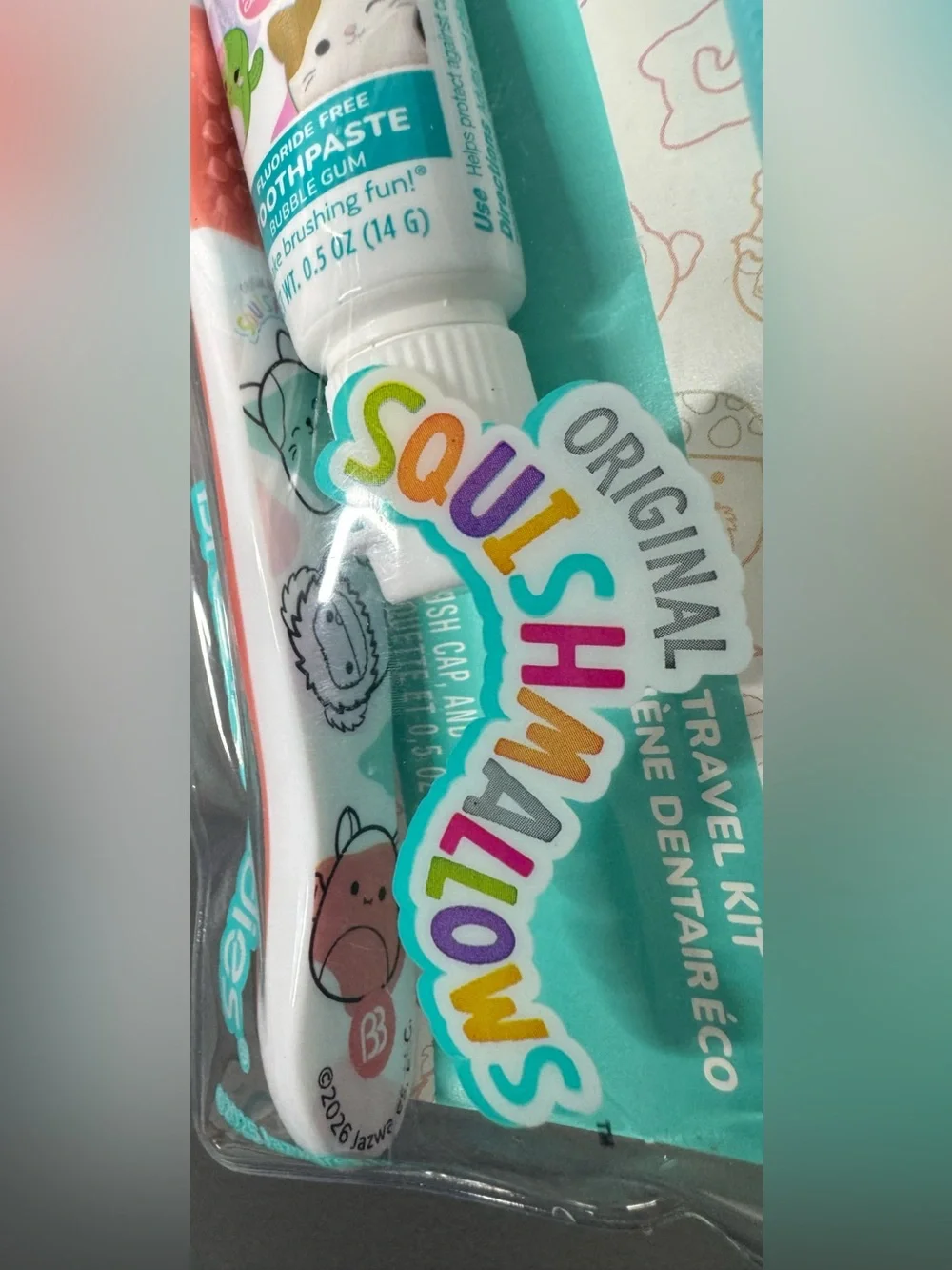 Brush Buddies squishmallows Kids Toothbrush & Toothpaste Travel Kit Teal Accent